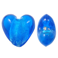 Perles murano feuille d'argent, chalumeau, coeur, fait à la main, bleu, 21x21x13mm, Trou:Environ 2.5mm, 100PC/sac, Vendu par sac