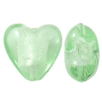 Perles murano feuille d'argent, chalumeau, coeur, fait à la main, vert clair, 15x15x10mm, Trou:Environ 2mm, 100PC/sac, Vendu par sac