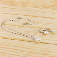 Natural Cultured Freshwater Pearl Jewelry Sets, earring & necklace, brass hook and eye clasp, brass post pin, Round, white, 25x10.5mm, 25x7mm, Length:17 Inch, Sold By Set
