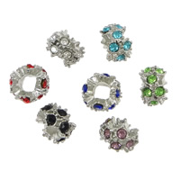 Tibetan Style Spacer Beads, Rondelle, platinum color plated, with rhinestone, mixed colors, nickel, lead & cadmium free, 8x12x12mm, Hole:Approx 5mm, 200PCs/Lot, Sold By Lot