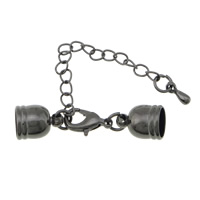 Brass Lobster Claw Cord Clasp, plumbum black color plated, with end cap, nickel, lead & cadmium free, 11x8mm, 38mm, Inner Diameter:Approx 7mm, 100PCs/Lot, Sold By Lot