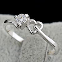 Bliver® Finger Ring, Messing, Heart, platineret, med cubic zirconia, nikkel, bly & cadmium fri, 4mm, Størrelse:7.5, Solgt af PC