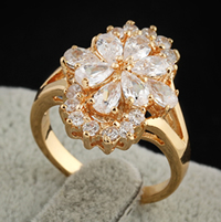 Gets® палец кольцо, Латунь, Форма цветка, 18K золотым напылением, с кубическим цирконием, не содержит никель, свинец, 19mm, размер:7, продается PC