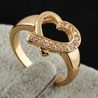 Gets® палец кольцо, Латунь, Сердце, 18K золотым напылением, инкрустированное микро кубического циркония, не содержит никель, свинец, 13mm, размер:7, продается PC