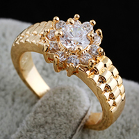Bliver® Finger Ring, Messing, Flower, 18K forgyldt, med cubic zirconia, nikkel, bly & cadmium fri, 12mm, Størrelse:8, Solgt af PC