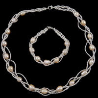 Naturliga Odlade Sötvatten Pearl Jewelry Sets, armband & halsband, Freshwater Pearl, med Glass Seed Beads, järn Karbinlås, Ris, purpur, 7-8mm, Längd 17 inch,  7.5 inch, Säljs av Ställ