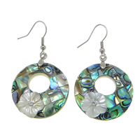 Abalone Shell Drop Earring with White Shell brass earring hook Donut platinum color plated mosaic & with flower pattern & with rhinestone 51mm Sold By Lot