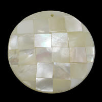 Подвески из натуральных белых ракушек, Белая ракушка, Плоская круглая форма, мозаика, 34.50x34.50x6.50mm, отверстие:Приблизительно 1.5mm, 10ПК/Лот, продается Лот