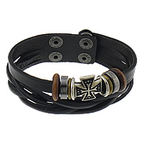 Men Bracelet, Cowhide, with Non Magnetic Hematite & Wood, Tibetan Style snap clasp, plated, adjustable & enamel & 2-strand, black, 15mm, 4x12mm, 7mm, 17mm, Length:Approx 8 Inch, 20Strands/Lot, Sold By Lot