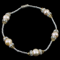 Sötvatten odlade Pearl Bracelet, Freshwater Pearl, med rhinestone mässing spacer & Kristall & Glass Seed Beads, mässing magnetlås, naturlig, 7-8mm, Såld Per Ca 7 inch Strand