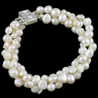 Bracelet en perles de culture d'eau douce, perle d'eau douce cultivée, laiton Fermoir à cliquet, naturel, 3 brins & avec strass, blanc, 6-8mm, Vendu par Environ 7 pouce brin