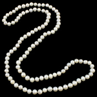 Природное пресноводное жемчужное ожерелье, Пресноводные жемчуги, Форма картофеля, натуральный, белый, 7-8mm, Продан через Приблизительно 34.5 дюймовый Strand