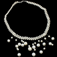 Collar de Perlas Natural de Freshwater, Perlas cultivadas de agua dulce, con Hilo cristal & Cristal, latón cierre de langosta, Blanco, 3-7mm, Vendido para aproximado 12.5 Inch Sarta