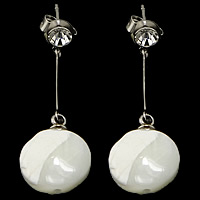 Natural Seashell Drop Earring, stainless steel post pin, Flat Round, with Czech rhinestone, white, 32mm, 10x13mm, Sold By Pair