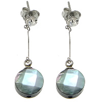 Natural Seashell Drop Earring stainless steel post pin Flat Round with Czech rhinestone & faceted 30mm Sold By Pair