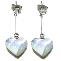 Natural Seashell Drop Earring stainless steel post pin Heart with Czech rhinestone & faceted 32mm Sold By Pair