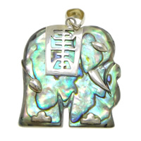 Natural Abalone Shell Pendants, with Brass, Elephant, platinum color plated, 23x25.50x5mm, Hole:Approx 4x5mm, 5PCs/Lot, Sold By Lot