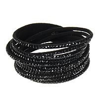 Étancher Bracelet, corde de laine, fer fermoir pression, Placage de couleur platine, réglable & avec strass & 2 fils, noire, 19mm, Longueur:Environ 16 pouce, 10Strandstoron/lot, Vendu par lot