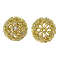 Cubic Zirconia Micro Pave Brass Beads, Round, gold color plated, micro pave cubic zirconia & hollow, nickel, lead & cadmium free, 12mm, Hole:Approx 1.2mm, 30PCs/Lot, Sold By Lot