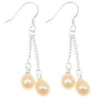 perla d'acquadolce coltivata naturalmente orecchini a goccia, ottone gancio, Riso, naturale, rosa, 6-7mm, 45mm, Venduto da coppia
