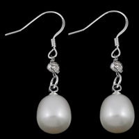 Freshwater Pearl Drop Earring, brass earring hook, Rice, natural, with rhinestone, white, 8-9mm, 38mm, Sold By Pair