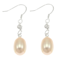 perla d'acquadolce coltivata naturalmente orecchini a goccia, ottone gancio, Riso, naturale, con strass, rosa, 8-9mm, 38mm, Venduto da coppia