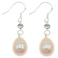 Freshwater Pearl Drop Earring, brass earring hook, Rice, natural, with rhinestone, pink, 10-11mm, 39mm, Sold By Pair