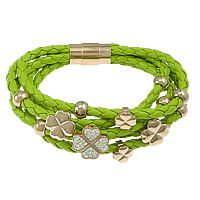 PU Leather Cord Bracelets, with Rhinestone Clay Pave, stainless steel magnetic clasp, rose gold color plated, with 36 pcs rhinestone & 5-strand, green, 4mm, 5x8mm, 15mm, 13mm,9mm, Length:Approx 8 Inch, 3Strands/Lot, Sold By Lot