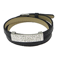 Cowhide Bracelet, with Rhinestone Clay Pave, stainless steel buckle, with 54 pcs rhinestone & 3-strand, black, 8mm, 38x10mm, Length:Approx 23.5 Inch, 5Strands/Lot, Sold By Lot