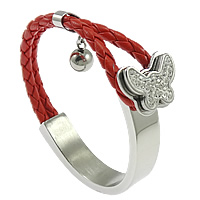 PU Leather Cord Bracelets Stainless Steel with Clay Pave & PU Leather Butterfly charm bracelet & with 37 pcs rhinestone red 10mm  Length Approx 7 Inch Sold By Lot
