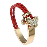 PU Leather Cord Bracelets Stainless Steel with Clay Pave & PU Leather Butterfly rose gold color plated charm bracelet & with 37 pcs rhinestone red 10mm  Length Approx 7 Inch Sold By Lot