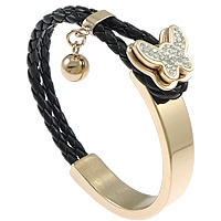 PU Leather Cord Bracelets, Stainless Steel, with Clay Pave & PU Leather, Butterfly, rose gold color plated, charm bracelet & with 37 pcs rhinestone, black, 10mm, 8x12mm, 15x18mm, Length:Approx 7 Inch, 5Strands/Lot, Sold By Lot