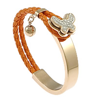 PU Leather Cord Bracelets, Stainless Steel, with PU Leather Cord, rose gold color plated, charm bracelet & with rhinestone, reddish orange, 10mm, 8x12mm, 15x18mm, Length:Approx 7 Inch, 5Strands/Lot, Sold By Lot