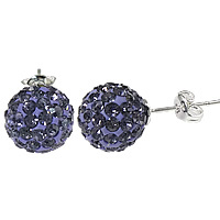 Clay Pave Stud Earring, brass post pin, Round, silver color plated, with 55 pcs rhinestone, violet, nickel, lead & cadmium free, 8x20mm, 30Pairs/Lot, Sold By Lot
