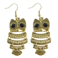 Tibetan Style Drop Earring, stainless steel earring hook, Owl, antique gold color plated, with rhinestone, nickel, lead & cadmium free, 64mm, 23x46x4.5mm, 50Pairs/Lot, Sold By Lot