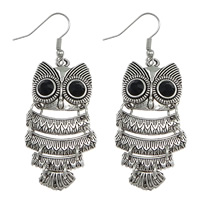 Tibetan Style Drop Earring, stainless steel earring hook, Owl, antique silver color plated, with rhinestone, nickel, lead & cadmium free, 64mm, 23x46x4.5mm, 50Pairs/Lot, Sold By Lot