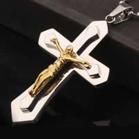 Stainless Steel Cross Pendants, 316L Stainless Steel, Crucifix Cross, plated, two tone, 36x65mm, Hole:Approx 4x7mm, 2PCs/Lot, Sold By Lot