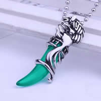 Resin Pendant, 316L Stainless Steel, with Resin, Horn, with rhinestone & blacken, green, 19x50mm, Hole:Approx 3-5mm, 3PCs/Lot, Sold By Lot