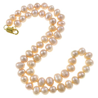 天然淡水真珠のネックレス, 天然有核フレッシュウォーターパール, 真鍮 ロブスターの留め金, ポテト, ピンク, 7-8mm, で販売される 約 16.5 インチ ストランド