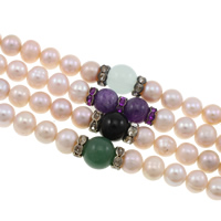 Cultured Potato Freshwater Pearl Beads, with rhinestone brass spacer & Quartz, natural, mixed colors, 7-8mm, 9-10mm, Length:Approx 30 Inch, 4Strands/Bag, Sold By Bag