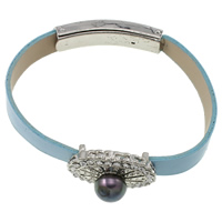 Leather Cord Bracelet Brass with pearl & Leather platinum color plated with rhinestone blue nickel lead & cadmium free Sold Per Approx 8 Inch Strand