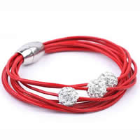 Cowhide Bracelet, with Rhinestone Clay Pave Bead, 316L stainless steel magnetic clasp, 8-yarn, red, 9mm, Length:Approx 8 Inch, 20Strands/Lot, Sold By Lot