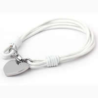 Cowhide Bracelet, 316L stainless steel lobster clasp, Heart, 4-yarn, white, 21x21mm, Length:Approx 8 Inch, 5Strands/Lot, Sold By Lot
