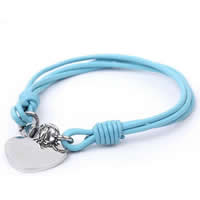 Cowhide Bracelet, 316L stainless steel lobster clasp, Heart, 4-yarn, blue, 21x21mm, Length:Approx 8 Inch, 5Strands/Lot, Sold By Lot