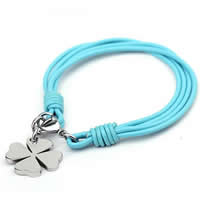 Cowhide Bracelet, 316L stainless steel lobster clasp, Four Leaf Clover, 4-yarn, skyblue, 21x21mm, Length:Approx 8 Inch, 5Strands/Lot, Sold By Lot