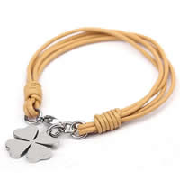Cowhide Bracelet, 316L stainless steel lobster clasp, Four Leaf Clover, 4-yarn, earth yellow, 21x21mm, Length:Approx 8 Inch, 5Strands/Lot, Sold By Lot