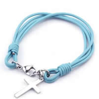 Cowhide Bracelet 316L stainless steel lobster clasp Cross  skyblue Length Approx 8 Inch Sold By Lot