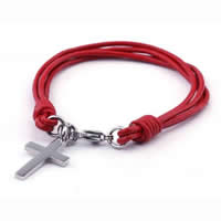 Cowhide Bracelet, 316L stainless steel lobster clasp, Cross, 4-strand, red, 17x29mm, Length:Approx 8 Inch, 5Strands/Lot, Sold By Lot