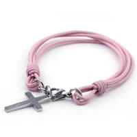 Cowhide Bracelet, 316L stainless steel lobster clasp, Cross, 4-strand, pink, 17x29mm, Length:Approx 8 Inch, 5Strands/Lot, Sold By Lot