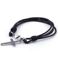 Cowhide Bracelet, 316L stainless steel lobster clasp, Cross, 4-strand, black, 17x29mm, Length:Approx 8 Inch, 5Strands/Lot, Sold By Lot